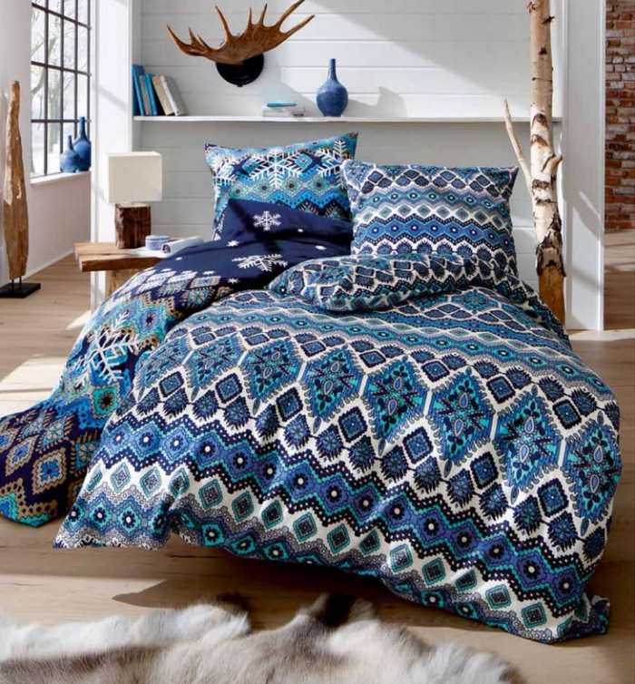 Vysoko kvalitná posteľná bielizeň-efekt vlnovky-priadza-bavlna-modro-vzorovaná
