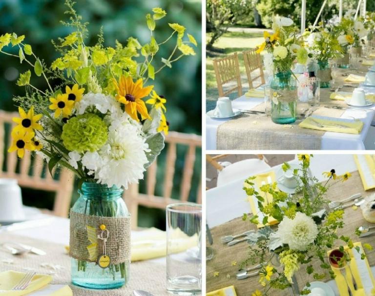 Vintage svadobná dekorácia na stôl s lúčnymi kvetmi v murárskych nádobách svadba na jar žlté lúčne kvety murár jar ľan vinobranie rustikálne