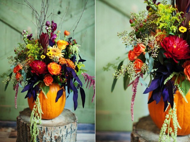 dekorácia stôl tekvica váza kvety kytica pestrofarebná