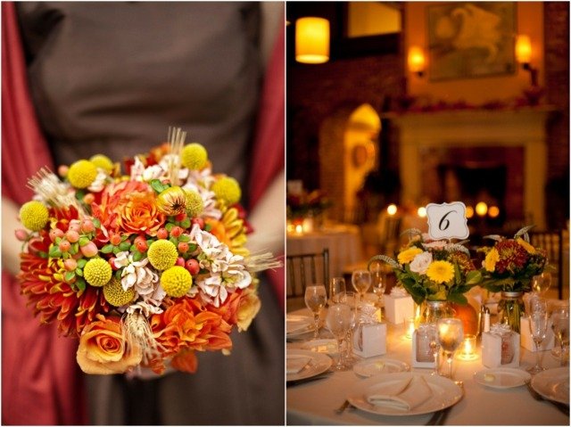svadobná kytica dekorácia stolu kvety žltá oranžová biela