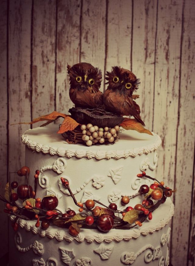 svadobná torta originálna sova girlanda bobule biela