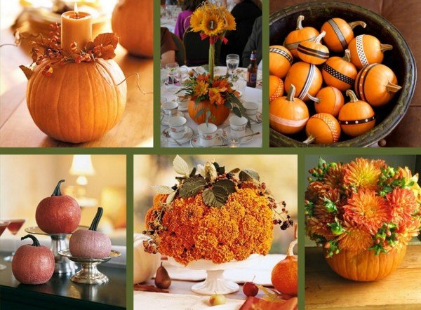 Jesenná dekorácia s kvetmi a tekvicami Kovový držiak Sviečky-v-tekvici-stolný-dekorácia-kvety