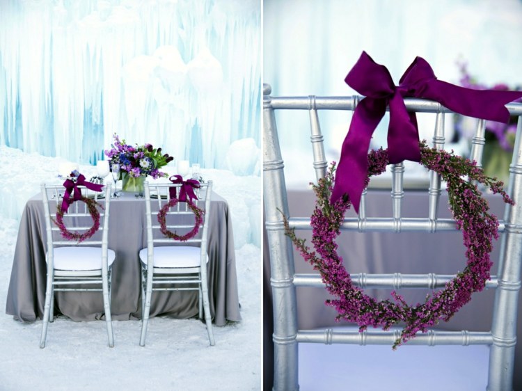 Plánovanie svadby - pekné kvetinové vence k stoličkám svadobné plánovanie-ľadová kráľovná-stolička-dekorácia-kvetinový-veniec-purpurový
