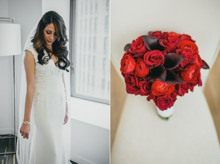 Svadobné šaty a kontrastná svadobná kytica v červenej farbe Svadobná výzdoba svadobná kytica zlatá červená zimná svadba