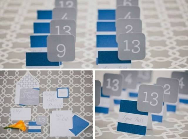 Svadobná dekorácia s modrými kartami a číslami modro-farby-karty