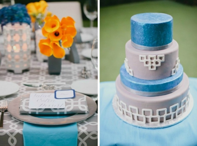Svadobná dekorácia na torte v šedej a modrej farbe sivé-obdĺžnikové motívy-a-figúrky