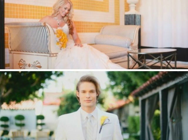 Svadobná výzdoba na svadbe v modrej farbe ako dve kvapky vody nevesta a ženích