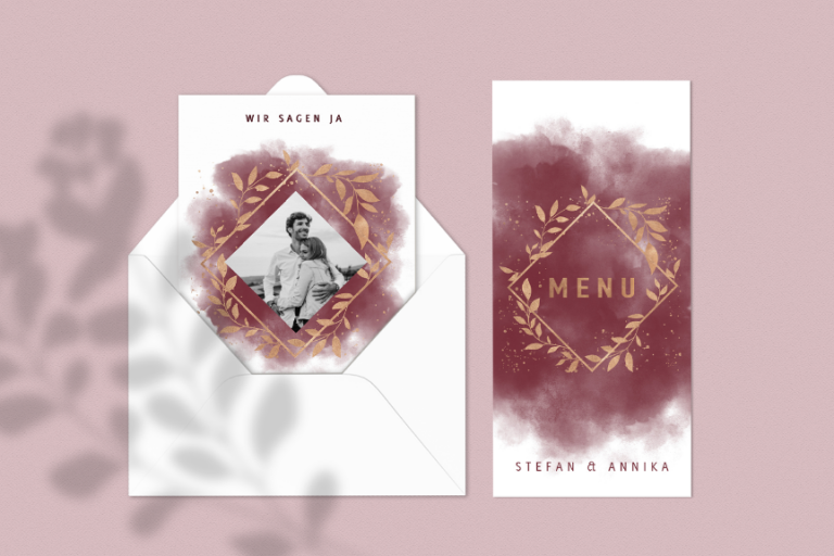 Akvarel-svadobné oznámenia-červený-geometrický tvar-zlaté vetvy