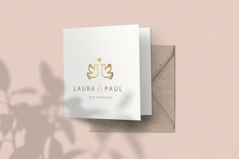 Svadobná karta v zlatej a bielej farbe s motívom holubice