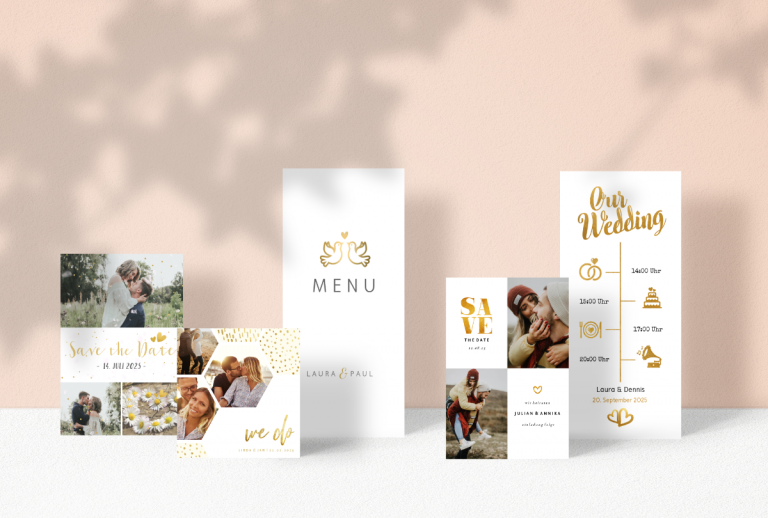 Sada svadobných kariet papiernictva v zlatej a bielej farbe