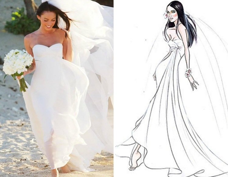 Megan Fox na svojej improvizovanej plážovej svadbe na Havaji svadobné šaty-pláž-svadba-biela-armani-jednoduchá-megan-líška
