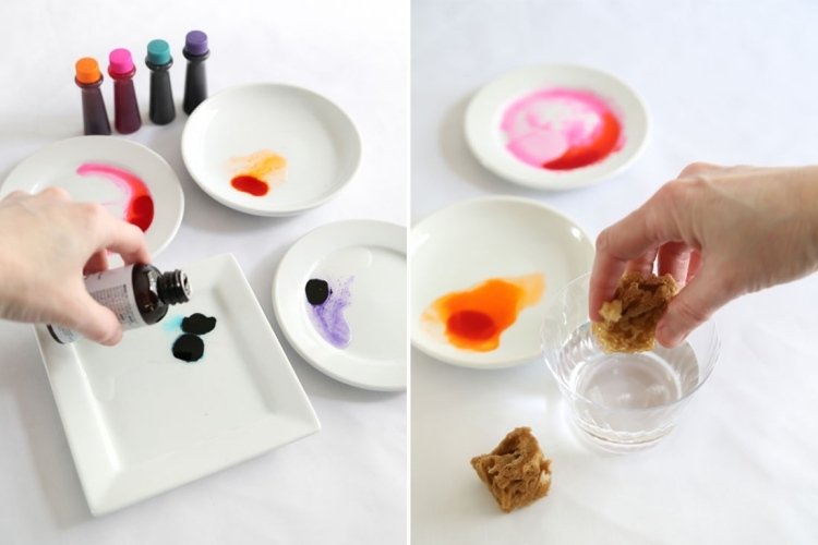 Rozpustite farby v rôznych plochých tanieroch svadobná torta-mimoriadny-akvarel-návod-jedlé-farby-morská špongia