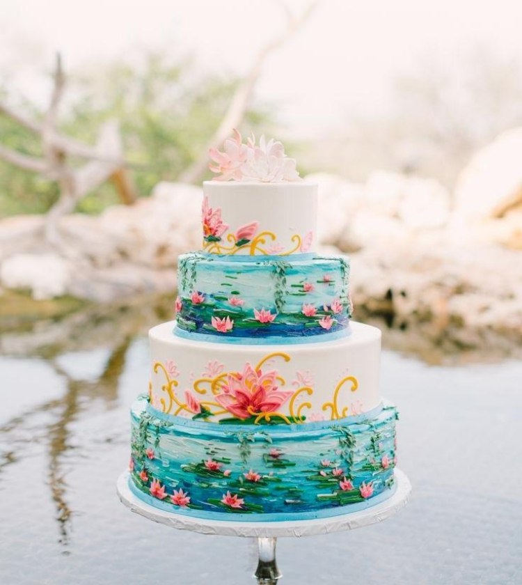 Svadobná torta s leknami inšpirovaná umením Monet svadobná torta-mimoriadna-akvarelová-štvorpodlažná-monet-inšpirovaná-lekno-dekorácia