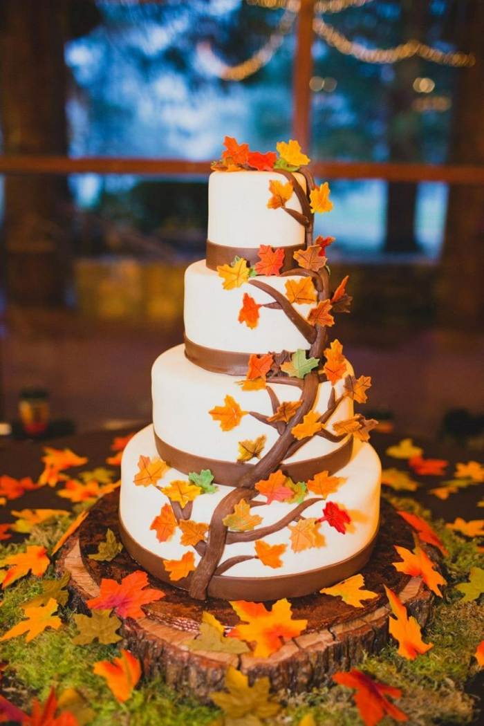 nápady-svadobná torta-jeseň-čokoláda-dekorácie-listy