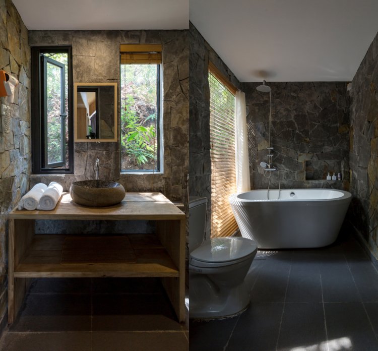 montovaná kúpeľňa stena z prírodného kameňa stena na dosku umývadlo z dreva márnosť