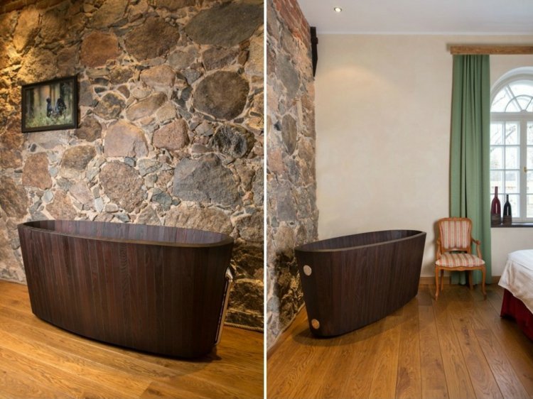 drevená vaňa khis prízvuk kamenná stena inšpirácia do spálne