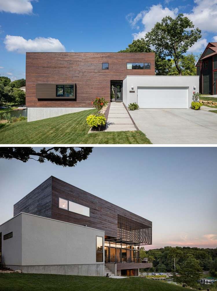 Drevo na fasádny obklad chata-moderná-architektúra-garáž