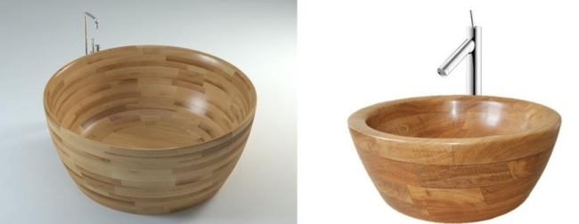 Drevený bezrámový umývadlo do dreva bez vane, prírodný vzhľad Okrúhly vaňový bezrámový drez-dizajn-prírodné drevo
