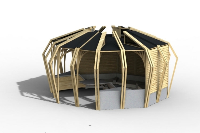 Ochranná clona proti slnku moderná drevená konštrukcia montované panely