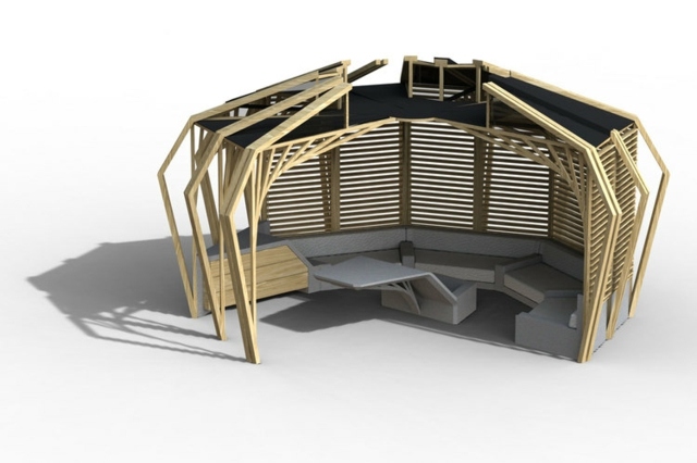 Drevené panely stavajú stôl na sedenie, vonkajšiu kuchyňu