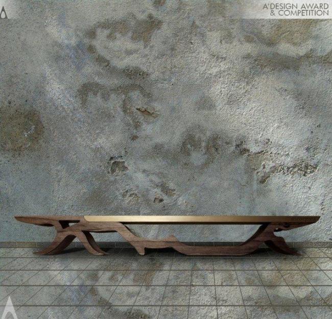 drevená lavica yazan hijazin dizajn bronzová medená časť sedadlo yazan hijazin dizajn bronzová medená časť