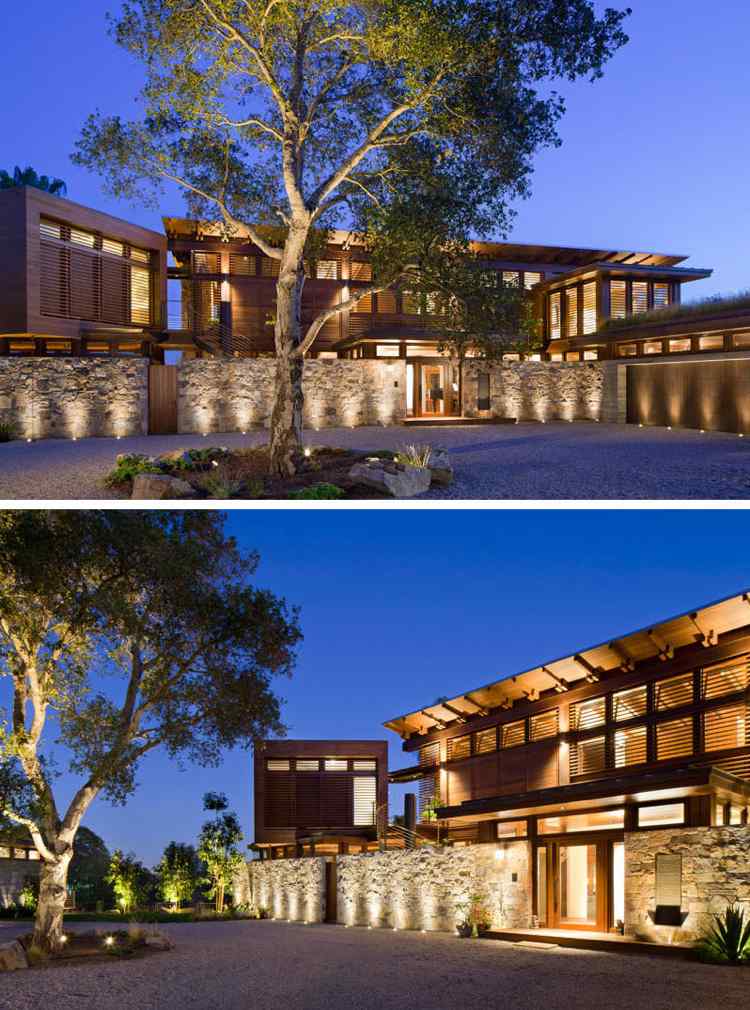 obklad z prírodného kameňa mimo osvetlenie modernej architektúry domu