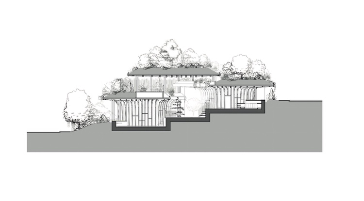 Drevostavba z trojpriestorového stavebného plánu s bočným výhľadom na svah