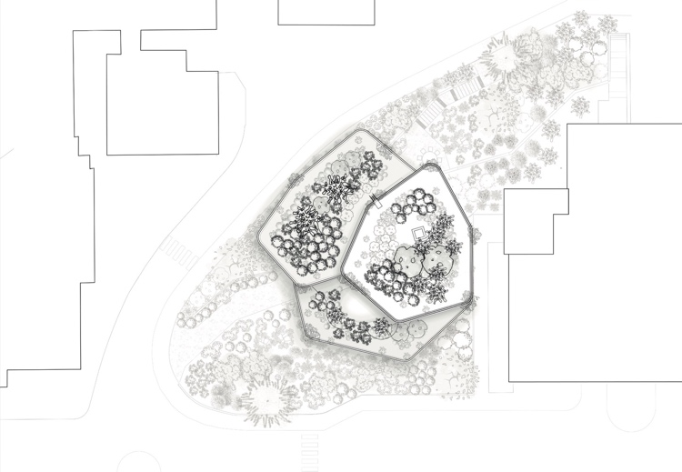 Drevostavba z troch zväzkov stavebného plánu a terénneho pohľadu zhora