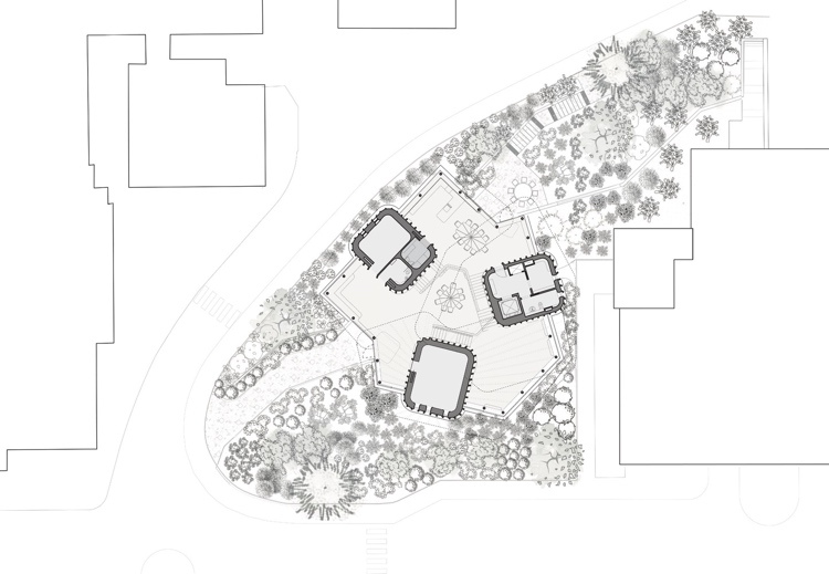 Plán zdravotného strediska vo Veľkej Británii v Leedse Pohľad zhora na tri zväzky na svahu