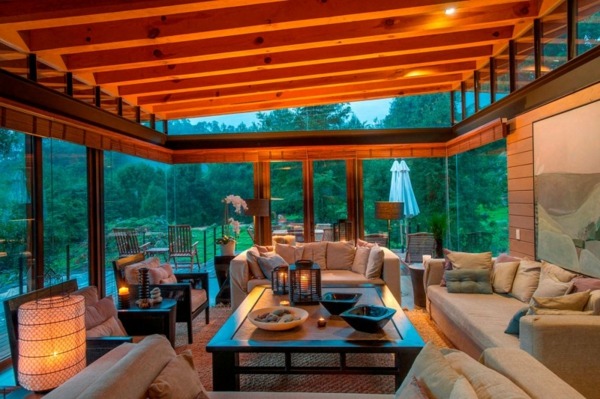 Čalúnený nábytok do obývačky drevený strop papierová lampa Drevená stropná papierová lampa sklenená stena