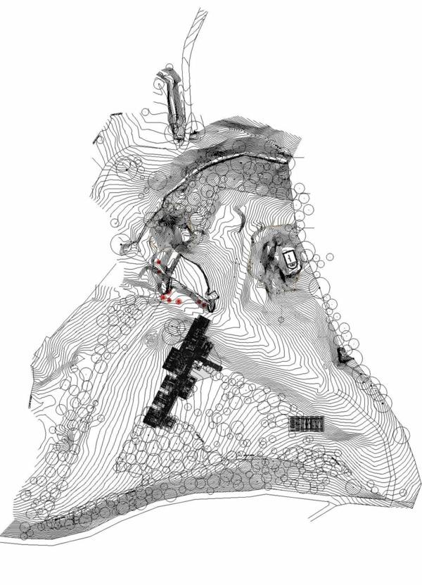 Pohľad zhora na lesný plán dreveného domu Prehľad náčrtu drevostavby lesného domu
