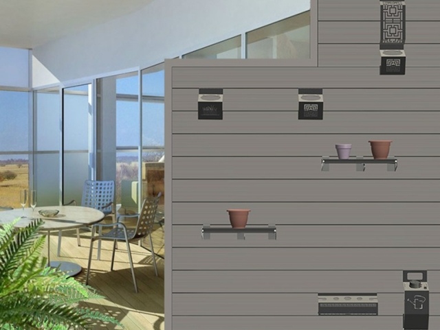 drevené panely balkónový delič fasádny obklad sivý držiak rastlín kovový systém