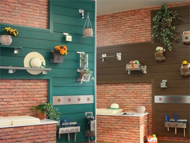 drevené panely na fasádnu balkónovú stenu kovový držiak rastlín