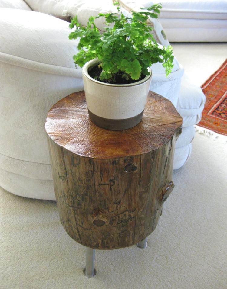drevený kmeňový stôl dizajn moderné kovové nohy kvetináč