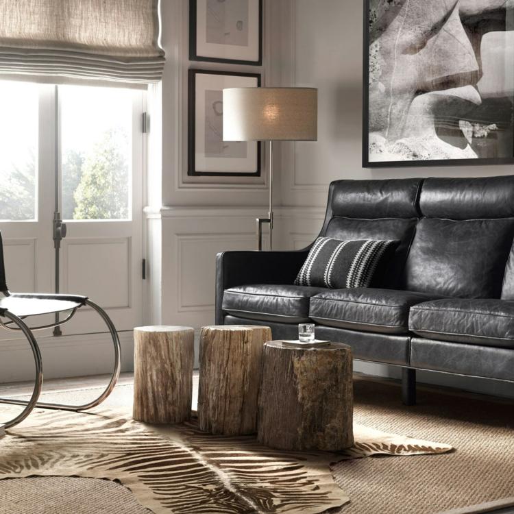 stolný dizajn drevený kufor rustikálna kožušinová prízvuk kožená sedačka čierna