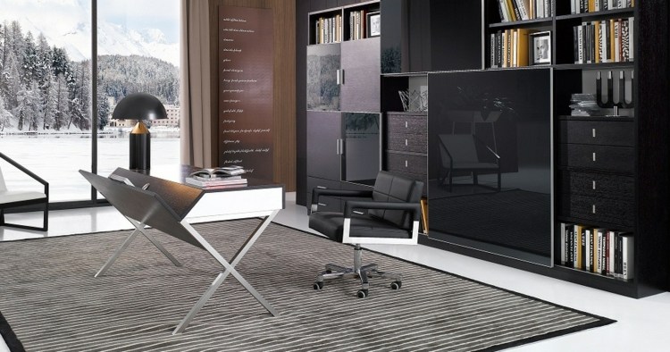 Písací stôl s krížovými tvarmi domáci kancelársky stôl bauhaus nástenná jednotka sklenený čierny koberec