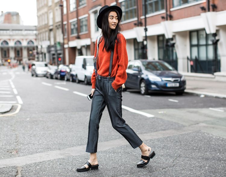 nohavice dámsky sveter oranžové nohavice trendy