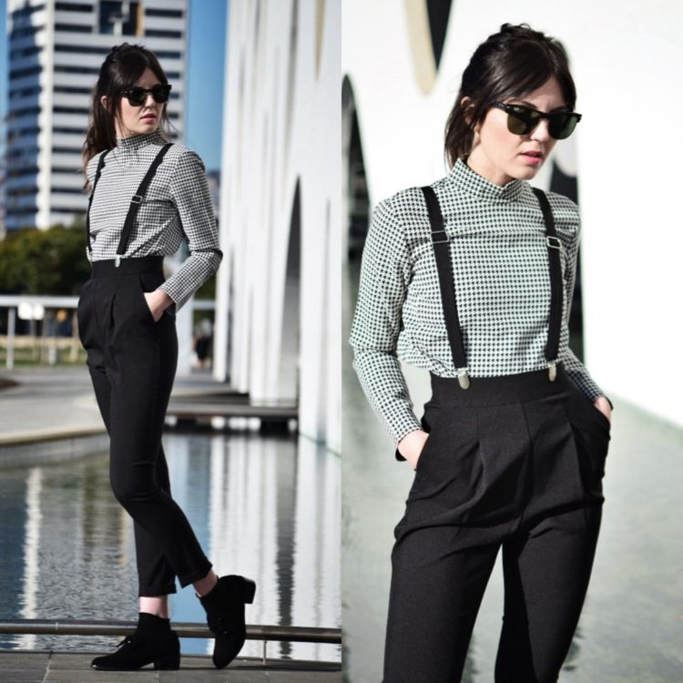 podväzkové dámske nohavice s vysokým pásom károvaná blúzka