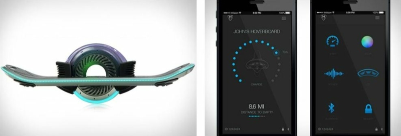 Hoverboard sa ľahko ovláda pomocou aplikácie pre smartfóny dizajnová aplikácia pre smartfóny s hoverboardom s tyrkysovým osvetlením