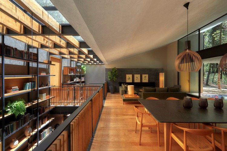 slnečné svetlo preniká zo stropu v dizajnérskom dome