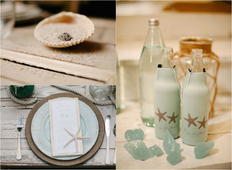 Hviezdice a tóny morského skla sú integrované do dekorácie stola nápad-svadobná-dekorácia-stôl-hviezdice-morská sklenená-stolná dekorácia