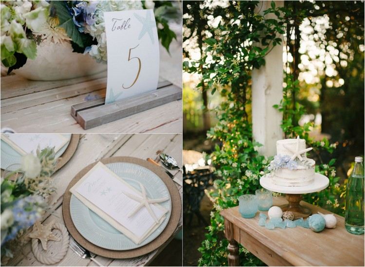 Číslo stolu a dekorácia stola v námornom štýle nápad-svadobná-dekorácia-stôl-číslo-koláč-hviezdice-morské sklo