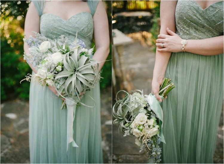 Zladená svadobná kytica s pryskyřníkom a tillandsiou nápad-svadobná-dekorácia-šalvia-zelená-tyl-šaty-svadobná kytica-tillandsien