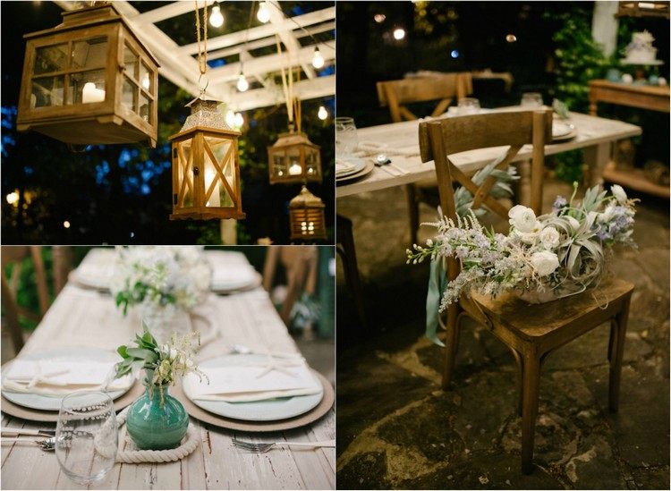 Nad stolom visia drevené lampáše na sviečky nápad-svadba-dekorácia-večerné osvetlenie-drevené-lampášiky-zavesené