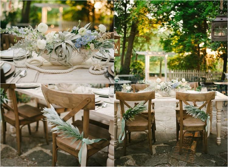 Drevené stoličky zdobené zelenými a saténovými stužkami Nápad na svadobnú výzdobu stôl-drevo-stoličky-aranžmán