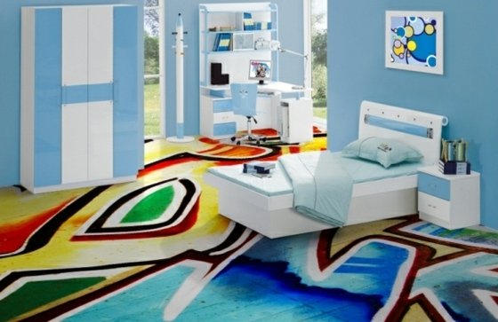 Farebný dizajn s mládežníckou izbou s 3D efektom graffiti Sky-blue-steny-graffiti-na-poschodí-izba pre mládež