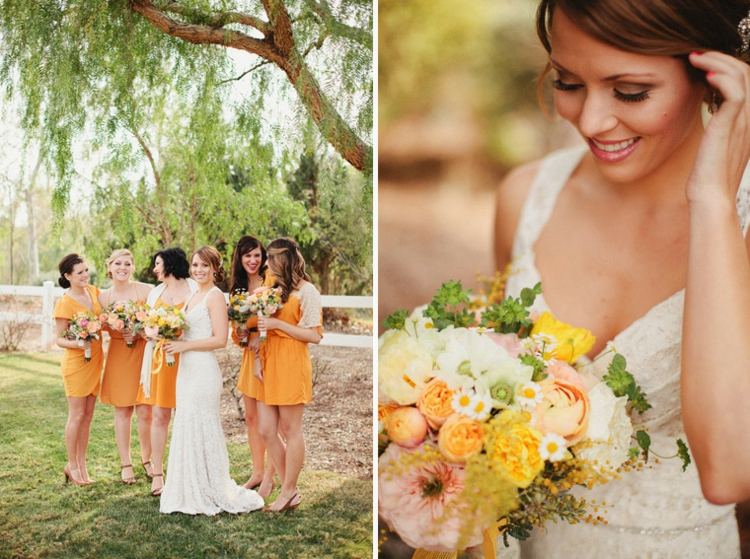 Krásna nevesta s družičkami Svadobné fotografie nápady svadobná kytica nevesta pod stromom