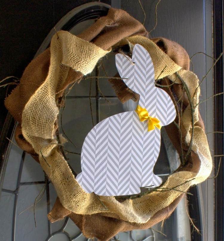 Veľkonočná dekorácia-dverový veniec-juta-látka-zajačik-konáre-vyrobte si sami