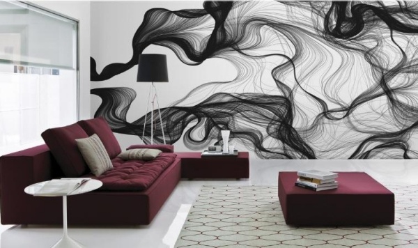 obývacia izba bordeaux čierne abstraktné čiary dym nástenná dekorácia foto tapeta obývacia izba bordová čierna abstraktné čiary dym