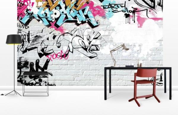 foto tapeta biela tehlová stena farebné graffiti fototapeta biela tehlová stena graffiti